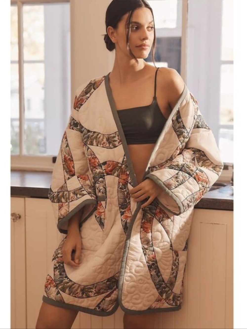 RARE By Anthropologie Quilted Robe Jacket Cardigan Cape Poncho Floral Kimono